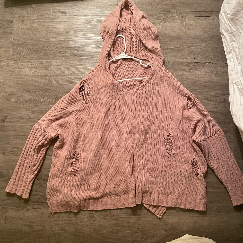 knit ripped sweater with hood (light pink)